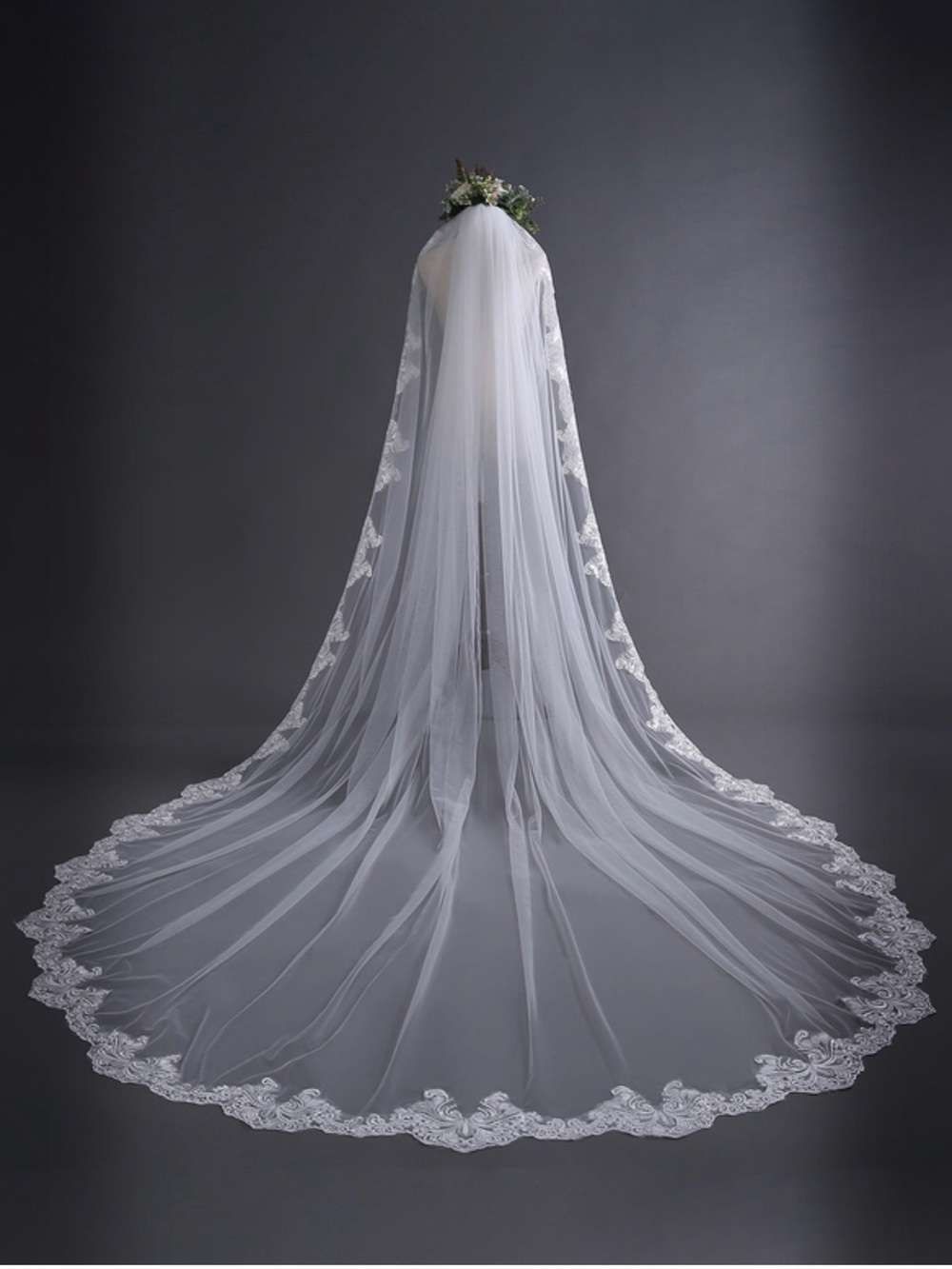 White Bridal Cathedral Veil with Scalloped Lace Edge